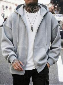 Men's Full Zip Hoodie Sweatshirt, Loose Fit Basic Casual Hooded Sweatshirt Jacket, Autumn/Winter - Light Grey - View 1