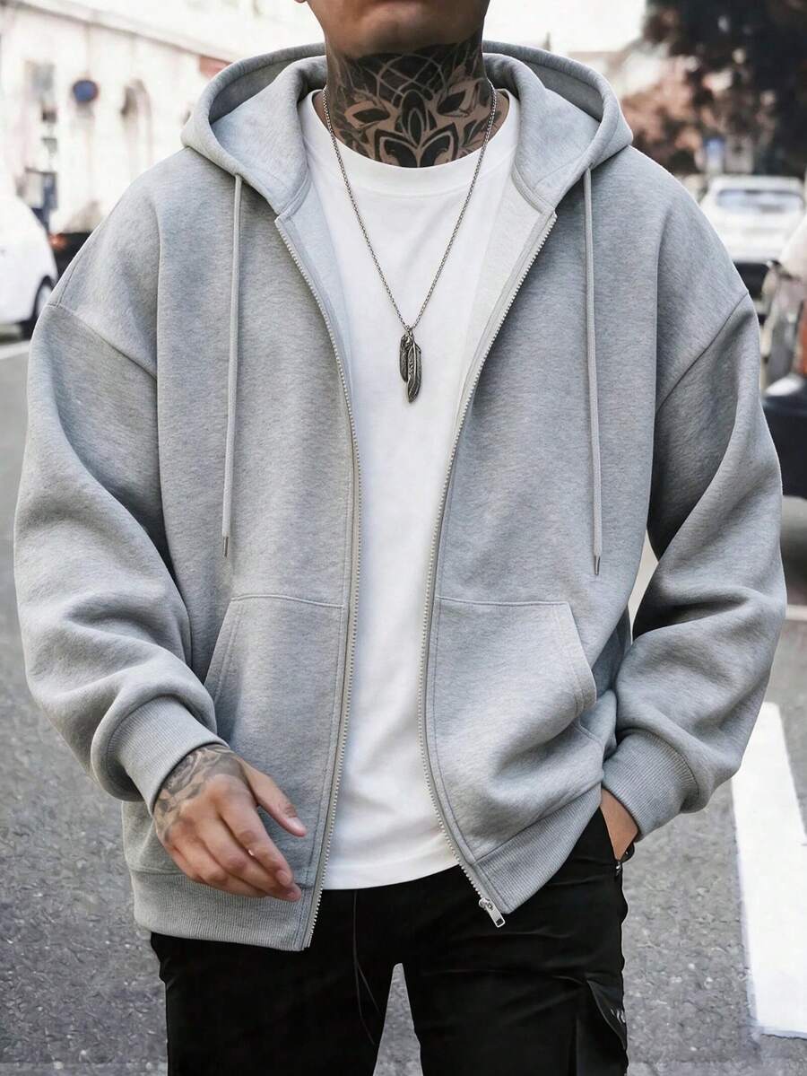 Men's Full Zip Hoodie Sweatshirt, Loose Fit Basic Casual Hooded Sweatshirt Jacket, Autumn/Winter - Light Grey - View 1