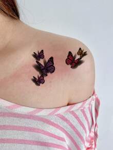 1 Sheet 3D Colorful Butterfly Temporary Tattoo Stickers, Realistic Shadow Multi‑Color Butterflies Fake Tattoos, Dreamy Girly Body Art For Girls Women, Waterproof Shoulder Collarbone Decor - Multicolor - View 3