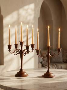 1Pc Retro Carved Alloy Candelabra, Imitation Wood‑Grain 3/5 Arms Candle Stick Holder, Centerpiece For Dining Table, Wedding, Ramadan, Party Home Ornament. - Classic - View 7