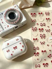 1pc/1set French Luxury Aesthetic Stickers, Vintage Red Bow & Pearl Decor Design, Suitable For Laptop, Planner, Sticker Book, Water Bottle, Camera, Phone Case, Earphone Decoration Accessories - YT7683 - View 4