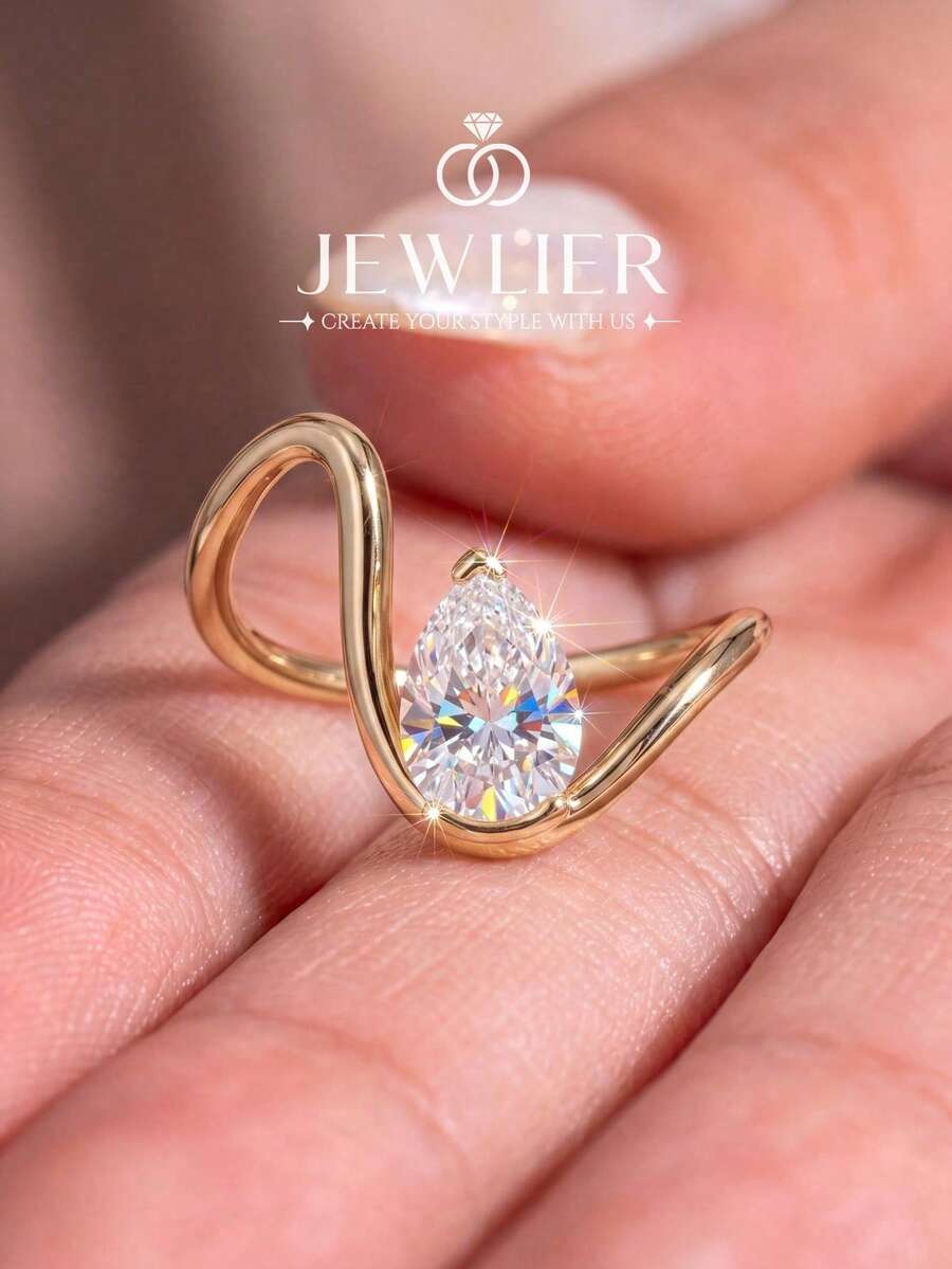 1件女款亮面弧形梨形戒指，永恆婚戒，優雅訂婚戒指，精緻珠寶禮物