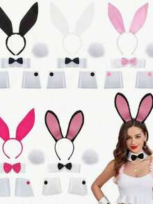 5pcs Cute Adult Rabbit Ear Headband Props Plush Hair Hoop Costume Rabbit Ear Headband Party Decoration Cosplay Set Halloween - Black - View 6