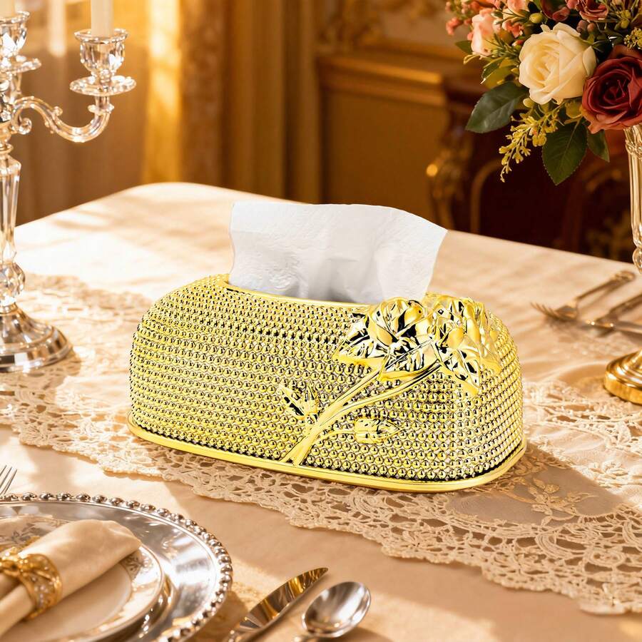 1pc Gold European Court Rose Embossed Dining Table Tissue Storage Box Bohemian Style Living Room Kitchen Bathroom Romantic Decorative Tissue Box Ornament, Suitable For Clubs, Restaurants, Hotels, Tea Houses, Parties, Dormitories, Cafeterias, Bars - Gold - View 1
