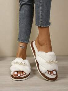 Autumn/Winter Fairy Plush Open Toe Slippers With Exquisite Pearl Decor, Indoor/Outdoor Fuzzy Shoes - White - View 6
