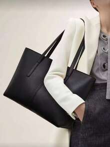 1pc PU Large Capacity Handbag Shoulder Tote Bag,Bags For Woman,Black Bag - Black - View 3