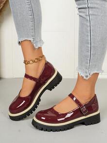 Minimalist One-Strap Thick Sole Plus Size Women's Shoes, Autumn New British Style Leather Shoes For Skirts - Burgundy - View 1