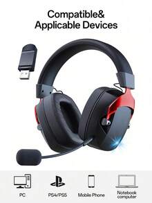 Acinaci 無線電競耳機，可拆卸降噪麥克風，2.4G 藍牙-USB-3.5mm 有線介面，3 種模式無線電競耳機，相容於 PC、Switch、手機、平板電腦 - 黑紅 - 查看 13