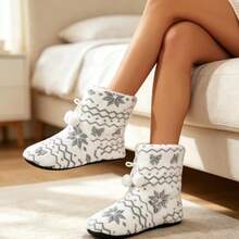 Women's Winter Plush House Slippers, Snowflake Geometric Print Thermal Lined Indoor Slippers With Drawstring And Pom Pom Decor For Bedroom Floor - White - View 5