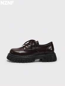 NZNF Women's Solid Color Academy Style PU Shoes With Buckle Strap, Thick Sole And Chunky Heel, Daily Commute Shoes - Coffee Brown - View 6