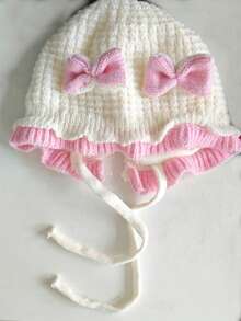 0-2 Years Old Baby Girl Knitted Hat, Cute Bow Rabbit Ears Ruffle Edge, Soft Warm Tie Knitted Hat, Autumn/Winter Cute Infant Toddler Headwear - Multicolor - View 13