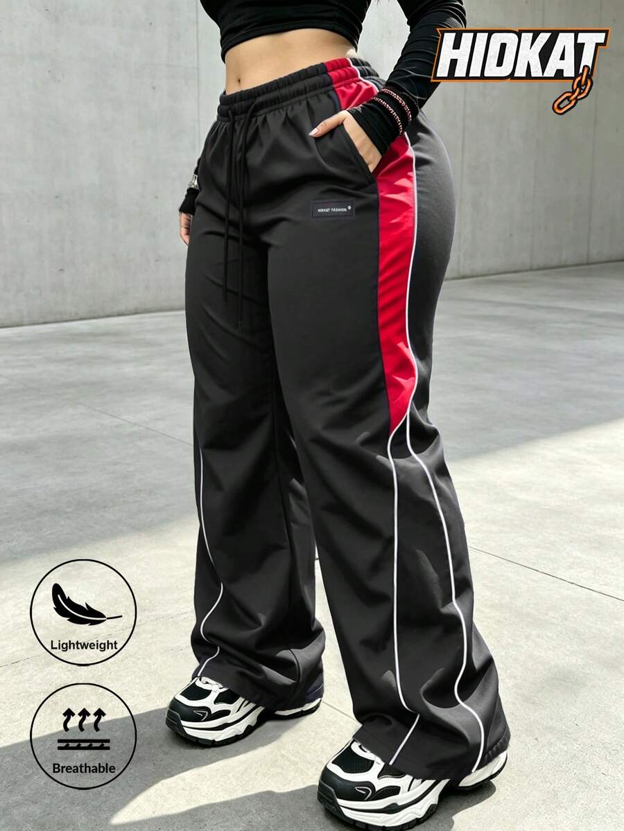Hidkat Celana Panjang Wanita Kasual Retro Gaya Amerika Sporty Musim Semi/Gugur dengan Blok Warna dan Patchwork, Gaya Jalanan Kampus Y2K - Hitam - View 1