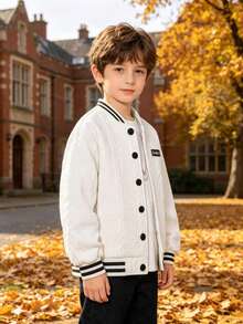 Jaket Baseball Rajut Putih Anak-Anak, Jaket Kerah Tegak Bergaris Baru Musim Semi/Gugur untuk Anak Laki-Laki, Jaket Kasual Sehari-hari Berkancing Tunggal Longgar Serbaguna untuk Sekolah, Jaket Berlapis Modis dan Tampan untuk Semua Musim - Putih - View 2