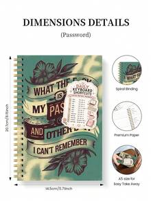 1pc Mint Floral Spiral Password Notebook 8.15x5.7 Inch + Keyboard Shortcut Stickers, Login Record Book, Halloween Notebook Office Decor & Accessories, Nurse Essentials, Bible Study Material - A - View 3