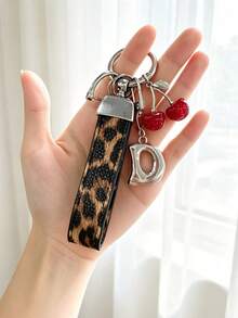 26 Alphabet Car Keychains, Silver Letter Zinc Alloy Accessories, Leopard Print Cherry Pendant, PU Rope Car Lock Key Fob, Car Remote Control Hanging Decoration, Bag Decoration Pendant, Car Key Ring, Key Chain Key Accessories. Holiday Gift, - Letter - View 17
