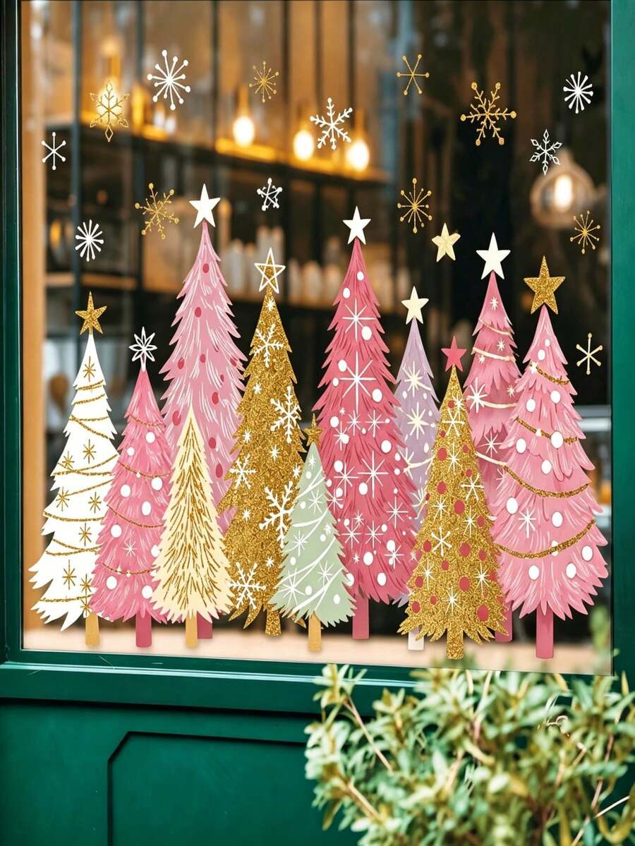 3pcs Christmas Window Stickers Decals, Yellow Green Gold Christmas Tree & Snowflake Pattern, Winter Home Window Decoration - Multicolor - View 1