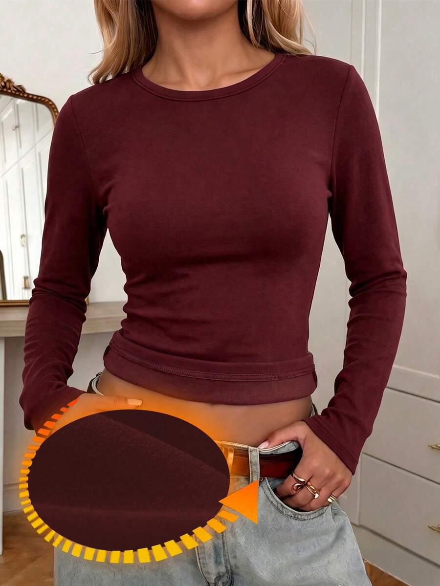 Women's Casual Crew Neck Long Sleeve T-Shirt Top Set For Spring/Autumn/Summer - Burgundy - View 1