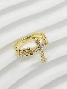 1pc Vintage Luxury Alloy Gold-Plated Cross Ring With White And Red Rhinestones, Women's Ring For Dating, Party, Christmas, Valentine's Day - White - View 5
