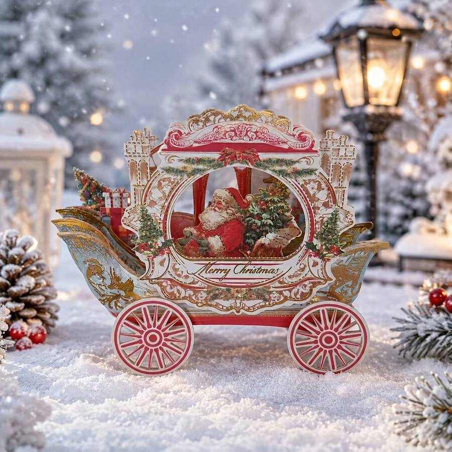 1pc 3D Christmas Pop-Up Greeting Card, Creative Holiday Paper Card, Elegant Carriage Design, Christmas Celebration Holiday Decoration Card, Surprise Message Card
