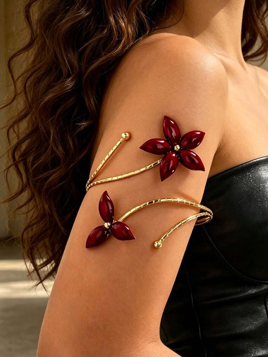 1pc Exquisite Vintage Burgundy Enamel Bubble Flower High-End Line Arm Cuff Niche Design Versatile Accessory - Burgundy - View 1