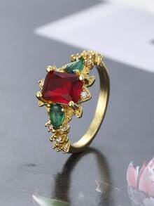 ZHIXUN 1pc Fashion Vintage Gold Floral Silk Red Synthetic Zirconia Ring, Exquisite Luxury Bridal Ring, Suitable For Women Wedding Party Gift - Ring - View 6