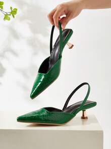 Women's Solid Color Snake Print Kitten Heel Shoes, Elegant Pointed Toe High Heels, Fashion Ankle Strap Open Back High Heels (Random Cut) - Green - View 6