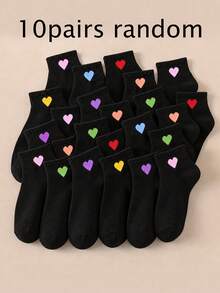 10 Pairs Kids Random Solid Color Heart Mid-Calf Socks, Colorful Heart Pattern, Ribbed Elastic Cuff, Soft And Breathable, Cute Sweet Casual Socks, Suitable For Toddler Girls Daily Wear - Multicolor - View 6