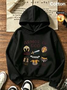 2026 Autumn/Winter Girls' Custom Loose Black Hooded Sweatshirt, Vintage Religious Style, Featuring Helmet, Shield, Sword Elements, And Letter Prints - Black - View 4