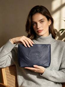 Portable Deep Blue Embossed Travel Makeup Bag 3D Floral Embossed Logo Toiletry Storage Cosmetic Bag Personal Use Or Gift - Lancôme Makeup Bag - Navy Blue - View 5