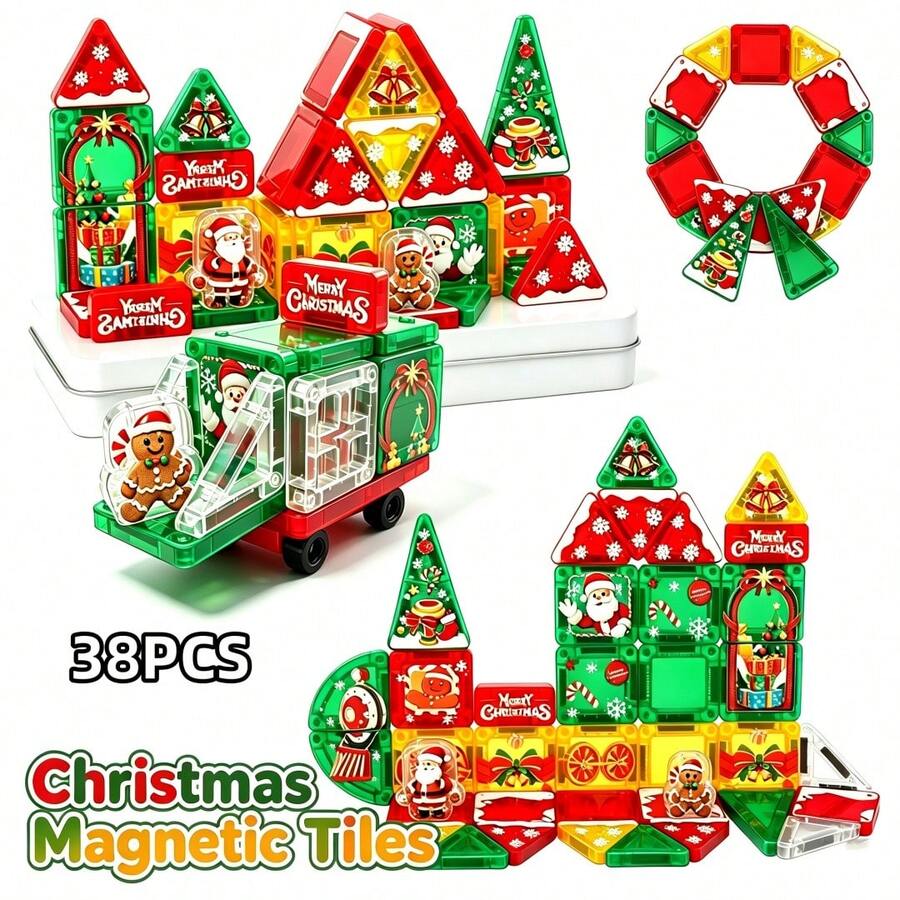 38PCS Christmas Train Magnetic Building Blocks Set, Christmas Magnetic Board Car STEM Educational Magnetic Construction Toy, Santa Claus & Christmas Pattern Magnetic Blocks, Suitable For Children Aged 3+ Boys & Girls Holiday Christmas Gift - Color - View 1