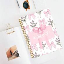 A5 Arabic English Golden Spiral Notebook 100 Pages Pink Bow Floral Heart Full‑Print Wire Bound Notepad, Sweet Coquette Aesthetic Journal For School Gift - Lined Notebook - View 2