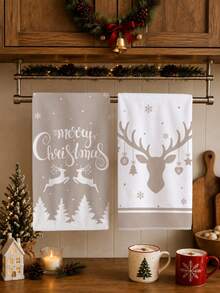 2PCS Kitchen Towel, Christmas Reindeer Silhouette Pattern Dish Cloth, Minimalist Style 40*60cm Rectangular Soft Microfiber Cleaning Kitchen Towel, Perfect For Kitchen, Dining Room And Bathroom Use, Christmas Kitchen Decoration, Home Decor, Neighbor Housewarming Gift, Scouring Pad Dish Cloth - Multicolor - View 1
