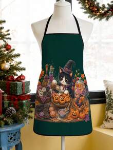 1pc Halloween Black Cat & Pumpkin Theme Apron, Suitable For Kitchen Daily Decoration, Exquisite Printed Design, Holiday Party Tableware Display, Baking Gathering Decoration, Halloween Autumn Decorative Supplies - Multicolor 2 - View 5