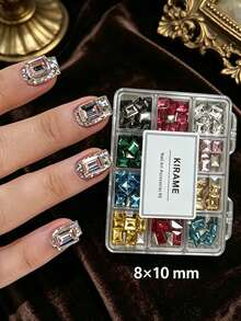 KIRAME 8*10mm Rectangular Pointed Bottom K9 Super Shiny Mixed Color Nail Rhinestone Set, Includes 1 Dotting Tool, DIY Home Manicure, Nail Salon Supplies, Nail Decoration, Christmas, Summer & Travel Nails, Holiday Gift - Multicolor - View 7