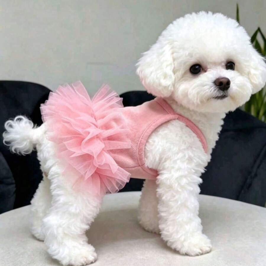 1pc Thickened Fluffy Tulle Pet Dress, Autumn/Winter Sleeveless Jumper Dress For Dogs And Cats, Suitable For Teddy, Pomeranian, Princess Style - Pink - View 1