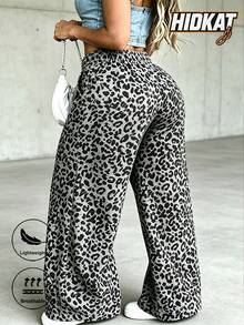 Hidkat Women's Autumn Leopard Print Wide-Leg Pants, American Retro Y2K Drawstring Casual Sweatpants - Black - View 3