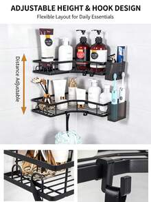 1pc Multi-Piece Set, No-Drill Rust-Proof Iron Bathroom Corner Shelf, With Hollow Design, Hooks And Toothbrush Holder, Modern Minimalist Matte Black L-Shaped Wall-Mounted Shelf, For Bathroom Toiletries Storage, Suitable For Home Use All Year Round - Black - View 5