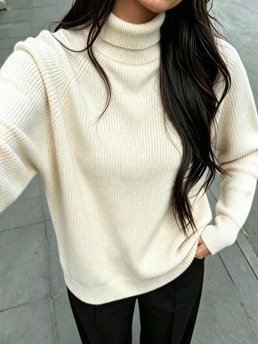 舒適時尚女款羅紋高領毛衣,長袖套頭衫,微彈針織,適合冬季 - 白色 - 查看 1