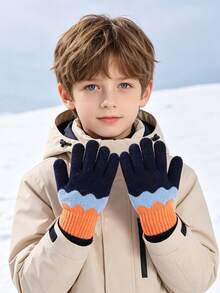 1 Pair Boys Wavy Color Block Knit Screen Gloves, Soft Warm Full‑Finger Gloves For Kid Winter Daily Outdoor Activities - 1Pair - View 3