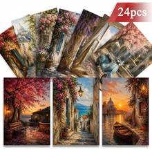 24pcs+A Red Envelope Romantic Holiday Postcards, Exquisite Landscape Patterns With Blessing Text, Suitable For Friends, Seasonal Greetings, Artistic Oil Painting Style - Sets - View 11