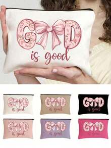 Cosmetic Bag, God Is Good Coquette Bow Floral Print Makeup Pouch, Canvas Zipper Toiletry Bag, Portable Travel Storage Pouch, Women Gift For Holiday Party Daily Use - Multicolor - View 1