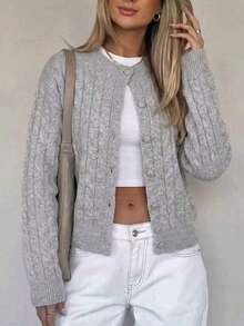 FOR BEAUTY Fall Winter Women Cardigans Y2K Chic Grey Chunky Cable Knit Button Up Crew Neck Slim Sweater Outerwear Daily Office Streetwear Outfits Tops - White Ash - View 5