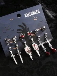 12pcs Gothic Skull Bat Earrings, Creative Personalized Metal Cross Spider Wing Dangle Earrings, Suitable For Halloween, Friend Gift - Multicolor - View 2