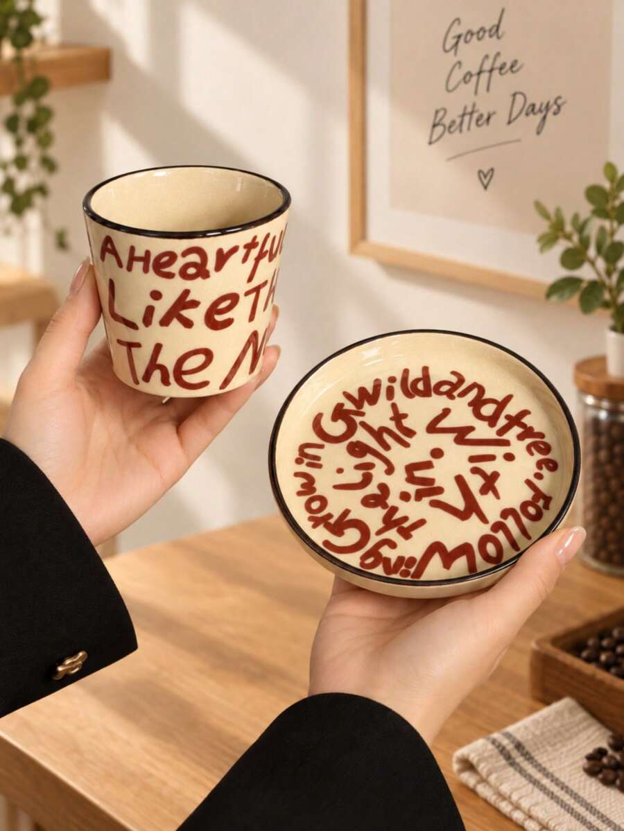 Underglaze Letter Print Ceramic Coffee Cup And Saucer Set, Artistic Cream Mug Plate Set For Espresso Latte Milk Tea, Home Office Breakfast Afternoon Tea Gift - Multicolor - View 1