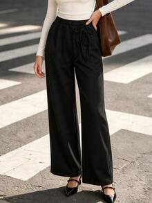 Fall Women Elastic High Waist Wide Leg Pants, Front Drawstring Loose Casual Trousers With Pockets - Black - View 3