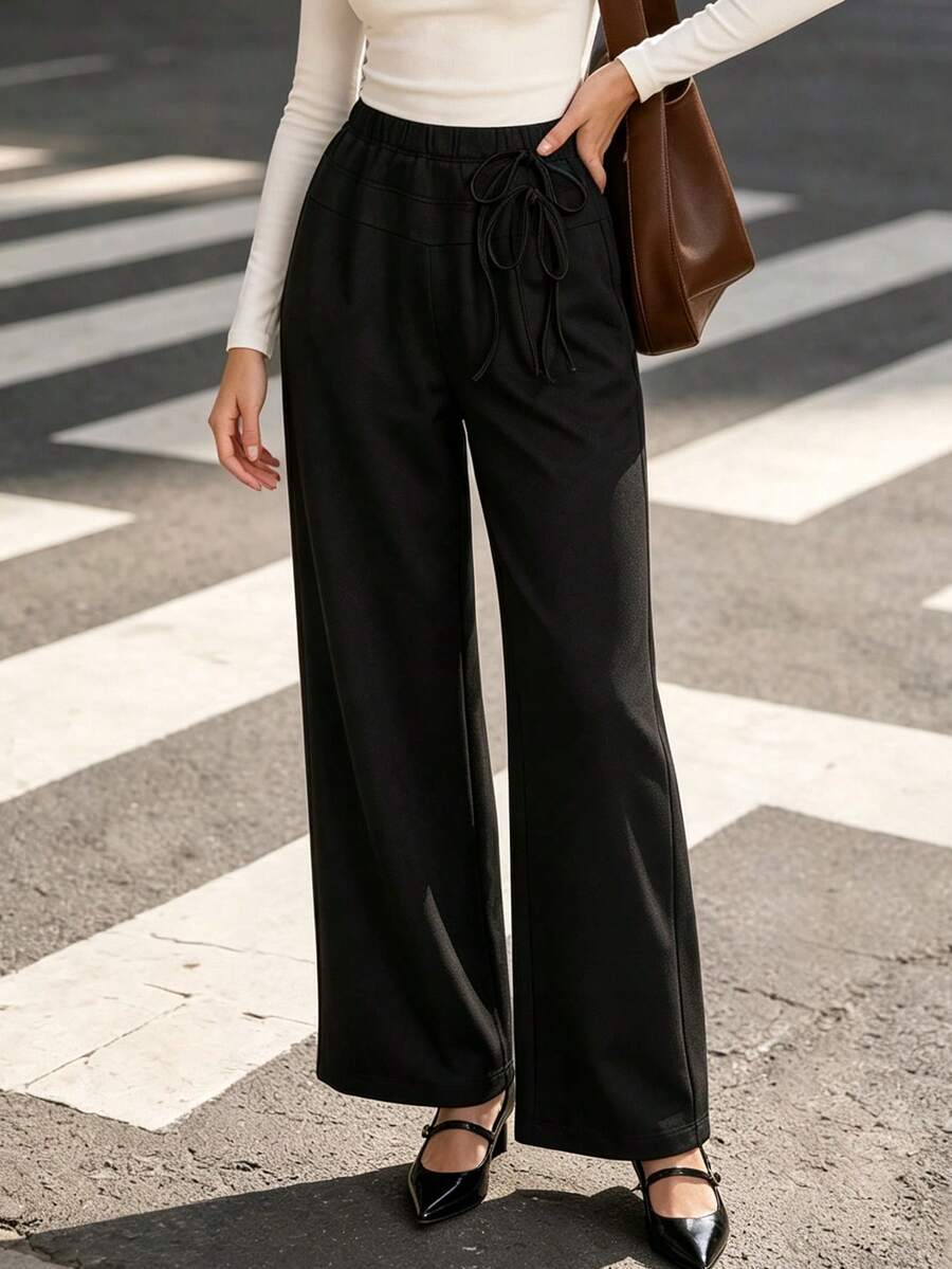 Fall Women Elastic High Waist Wide Leg Pants, Front Drawstring Loose Casual Trousers With Pockets - Black - View 1