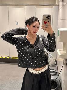 Women's Black Polka Dot V-Neck Tie-Front Knit Top, Short Slim Fit Flattering Blouse, Spring/Autumn Outerwear Layer - Black - View 2