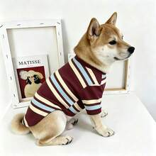 清新配色拼接條紋T恤，適合小型至中型犬，適用於柯基、法鬥、柴犬、比熊、泰迪、雪拿瑞、邊境牧羊犬幼犬及其他小型至中型寵物狗日常穿著 - 棕色 - 查看 6