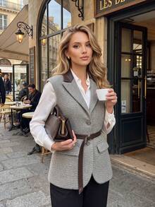 DONICY Rompi Wanita Abu-abu Motif Tulang Ikan dengan Kerah Kontras dan Sabuk, Blazer Tanpa Lengan 2 Kancing untuk Pemakaian Sehari-hari di Musim Gugur - Grey - View 11