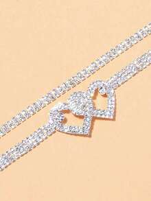 2pcs Exquisite Personalized Anklets, Sparkling Rhinestone Double Heart Design, Suitable For Women's Daily Wear - Silver - View 3